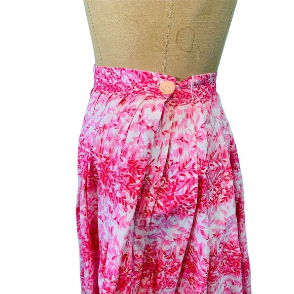 Vintage 50s Pink Skirt Womens XXS Cotton Full Skirt Floral Leaf Print Striped - Picture 5 of 9